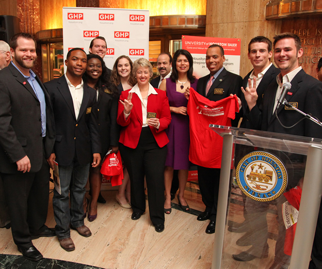 Photo: Houston Mayor Annise D. Parker, center, celebrates the No. 1 ranking of the Wolff Center for Entrepreneurship with WCE students and alumni as well as UH Bauer Dean Arthur Warga (to her left), UH Bauer alumna and State Rep. Carol Alvarado, and City of Houston Controller and UH Bauer alumnus Ronald C. Green.