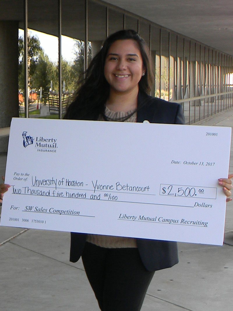 Management and marketing senior Yvonne Betancourt placed in the top three during the Liberty Mutual Southwest Collegiate Sales Competition at the University of Houston.