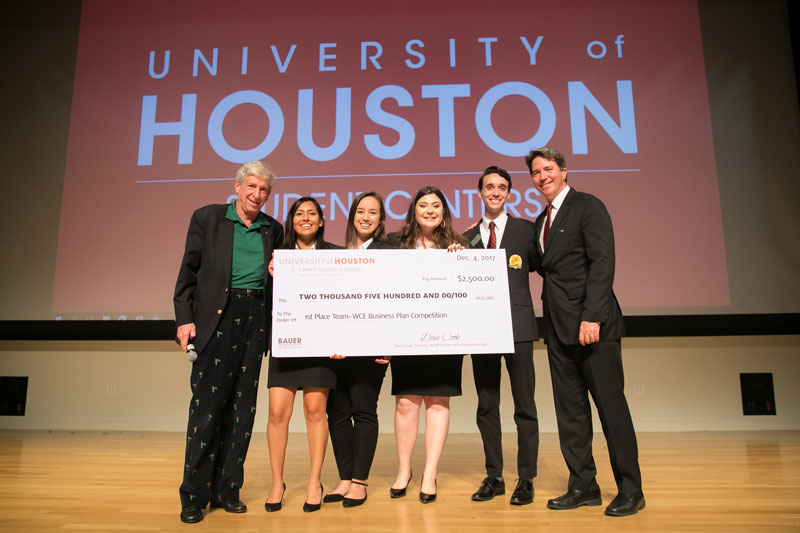Students from Bauer College’s Cyvia and Melvyn Wolff Center for Entrepreneurship competed this month, pitching business plans for intellectual property created at the University of Houston. The winning team, Zapp Technology, took home the $2,500 prize. From left, Wolff Center for Entrepreneurship Director David Cook, Giovanna Jimenez, Jaquelyn De La Garza, Caroline Ferguson, Dane Ralph and lecturer Keith Rassin.