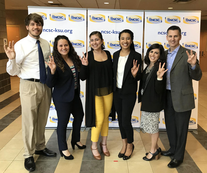 Sales students from the Program for Excellence in Selling placed in the top 10 during the National Collegiate Sales Competition held at Kennesaw State University. From left, marketing students Joseph Blount, Andrea Acosta-Rivera, Brianna Ferguson, Kiana Alirezaei, and team coaches Grace Moceri (Bauer lecturer) and Craig McAndrews (Bauer lecturer).