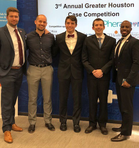 Bauer MBA students Jesse Johnson and Dave Dexter, Baylor College of Medicine Ph.D. candidate Jon Mercado, Rice University Ph.D. candidate Etienne Ackermann and Bauer MBA student Damola Ogunleye