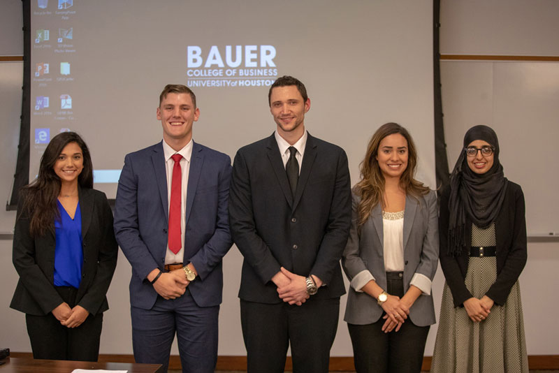 Undergraduate supply chain students presented real-world solutions to industry professionals during the annual Bauer Supply Chain Forum Case Competition. The winning team (from left) included Janely Toledo, Jordon Powell, Eric Clark, Victoria Martinez and Sundus Sheraz.