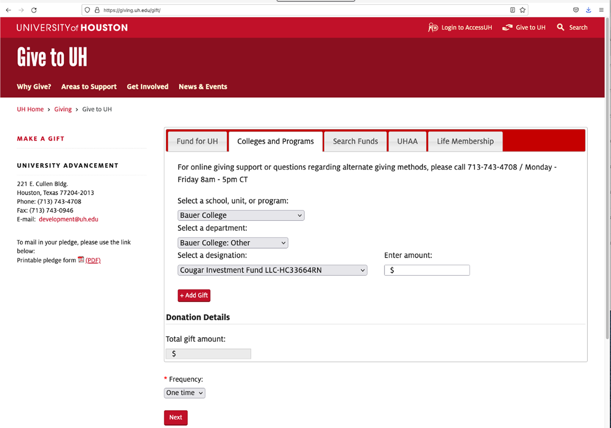Screenshot of Bauer College Cougar Investment Fund Giving Instructions