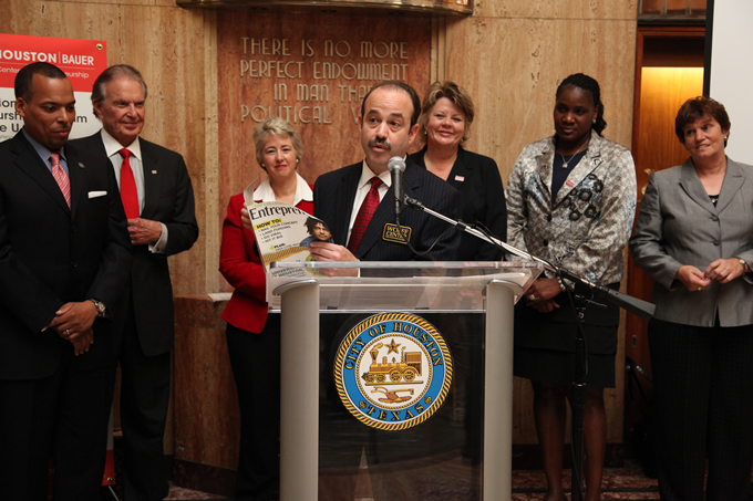 Dean Arthur Warga, center, is flanked by City of Houston and UH System leadership as he announces the No. 1 ranking of the Wolff Center for Entrepreneurship.