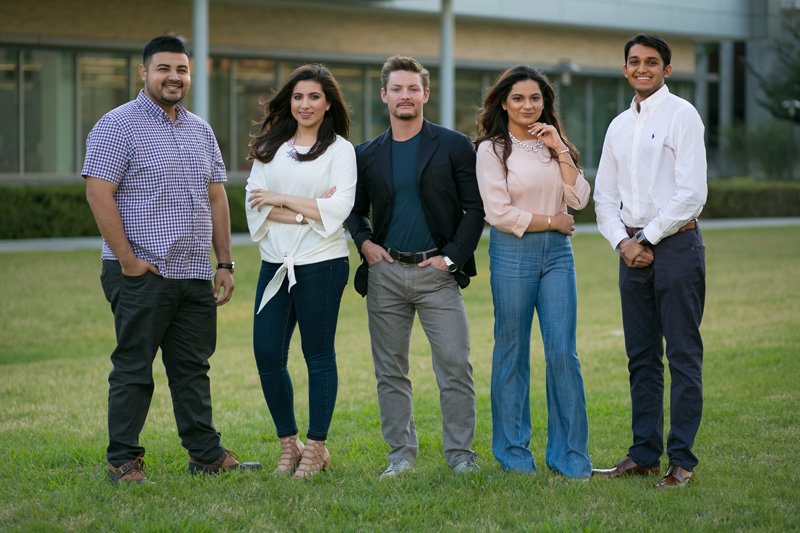 Wolff Center for Entrepreneurship students (from left) Bryan Martinez, Kiran Meghani, Emmit Schultz, Arsheen Memon and Rishabh Jain took home first place and a $50,000 prize at the First Look West (FLOW) Business Plan Competition for Vescense, a nanocoating technology reducing the buildup of water film.